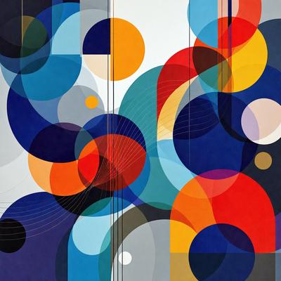 The primary subject of the image is a colorful and abstract artwork featuring a variety of shapes and colors. The setting is a white wall, and the visual style is a combination of digital art and illustration. The dominant colors in the artwork are blue, red, and orange, creating a vibrant and lively atmosphere.